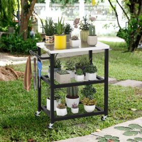 3-Tier Foldable Outdoor Stainless Steel Food Prepare Dining Cart Table on Wheels (Color: Black)